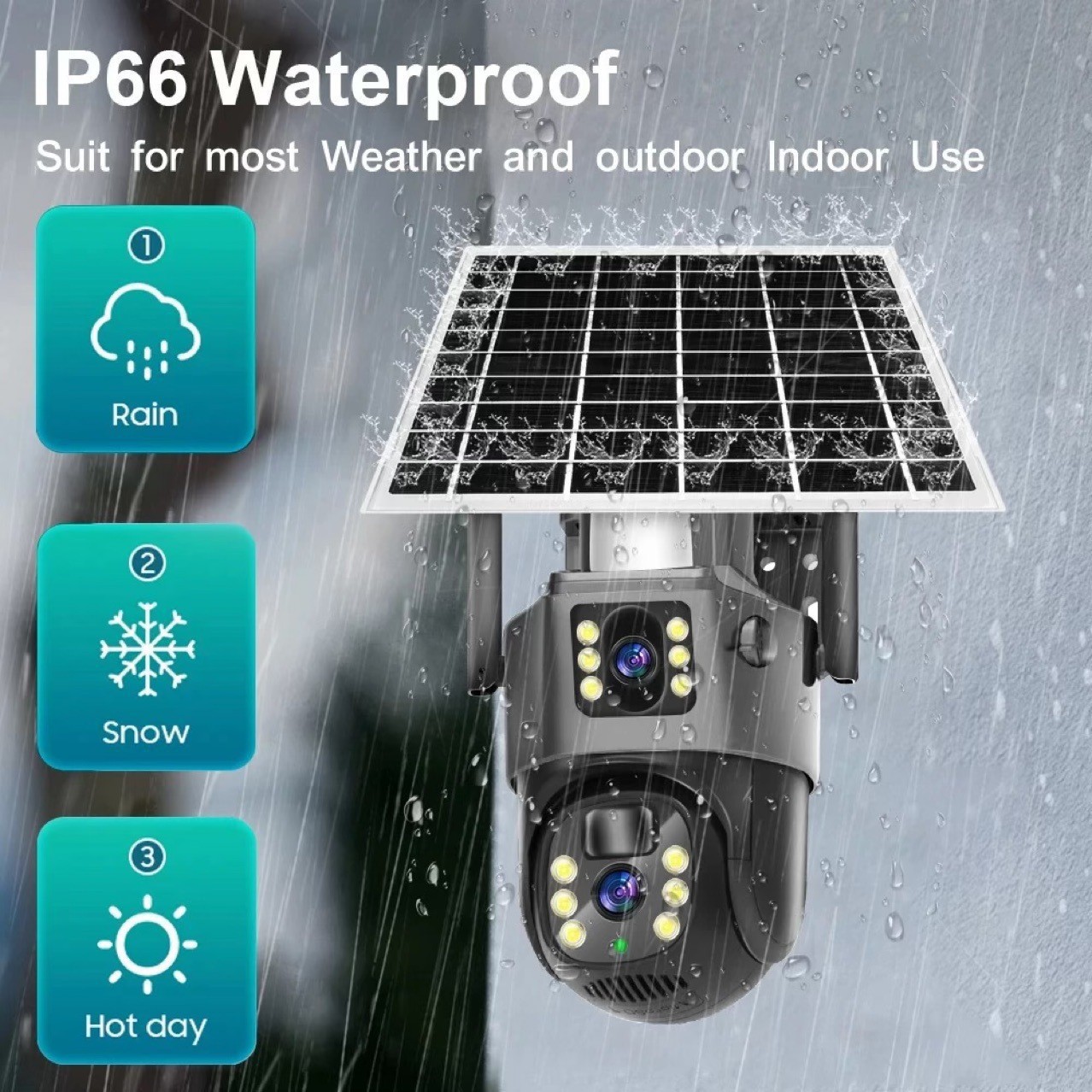 The V380 is equipped with a 6-megapixel solar-powered dual-eye low-power 4G camera for 365-day standby monitoring through WIFI gun and ball linkage details Picture