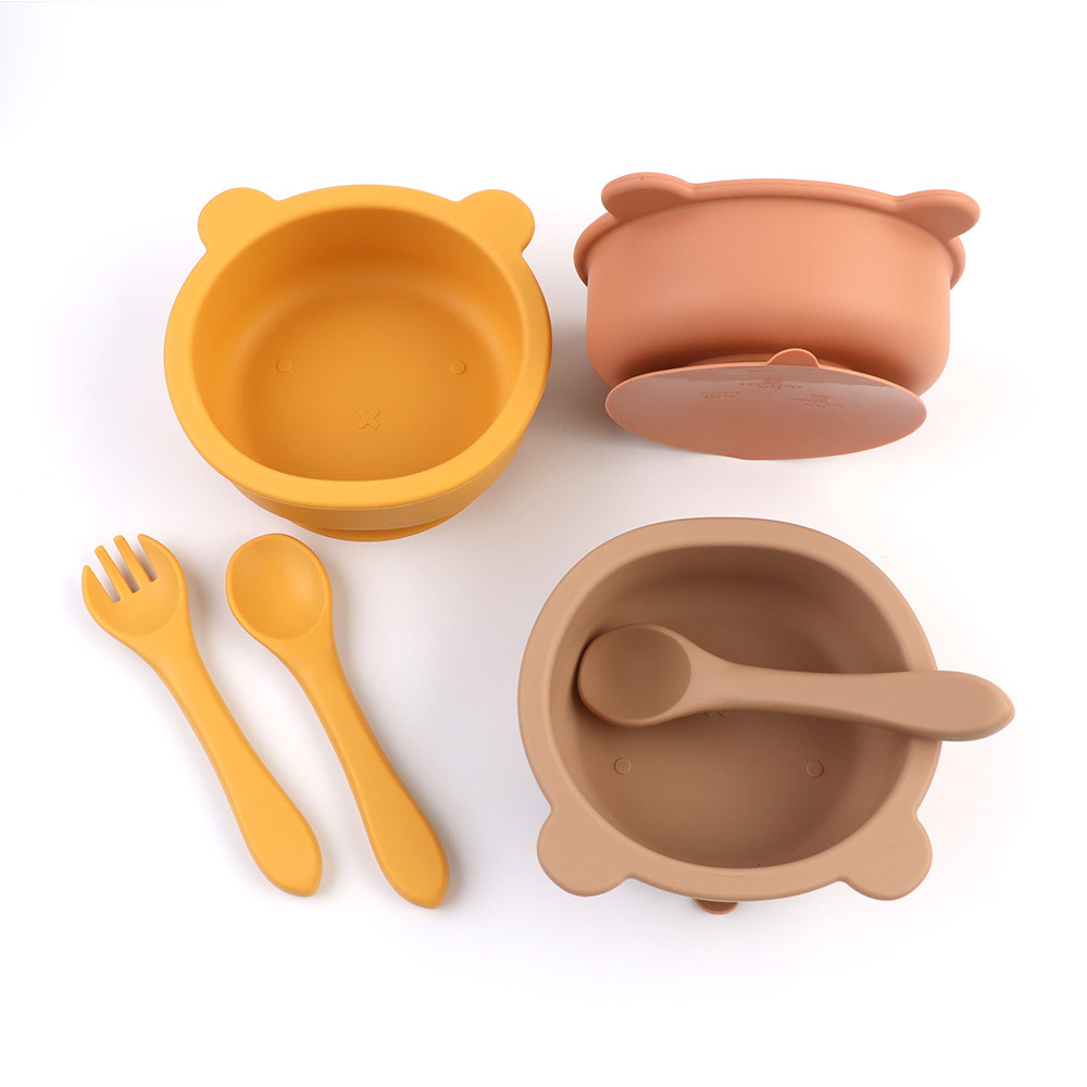 Baby silicone complementary food bowl, fork and spoon set, suction cup type children's easy-to-wash feeding tableware manufacturer wholesale, cute cartoon full figure