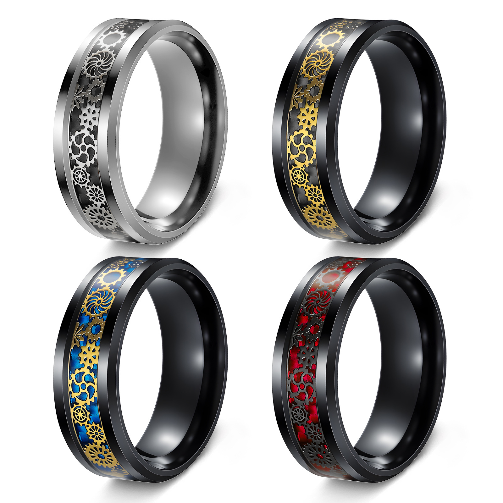 Cross-border Amazon source 8MM black-coated carbon fiber men's titanium steel gear ring steampunk style jewelry