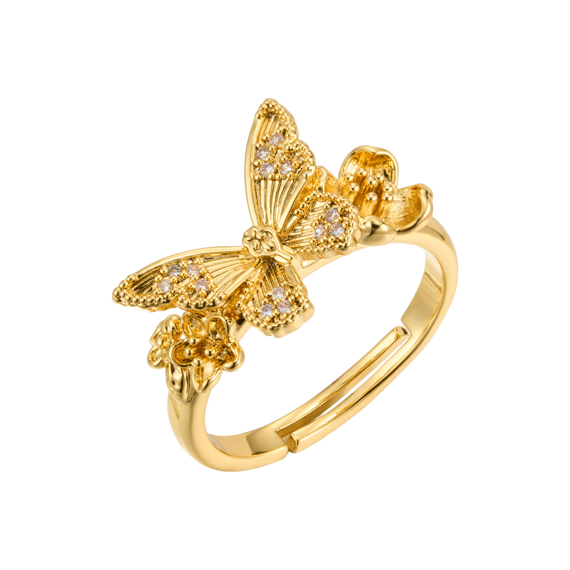 Origen fábrica luz lujo mariposas tridimensionales flores anillos abiertos aleación de cobre oro real chapado con circonio anillos ajustables Item Picture