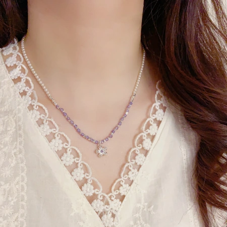 Spring new style, fashionable and fresh purple beaded flower pendant necklace, exquisite, gentle and versatile collarbone chain Spring new style, fashionable and fresh purple beaded flower pendant necklace, exquisite, gentle and versatile collarbone chain