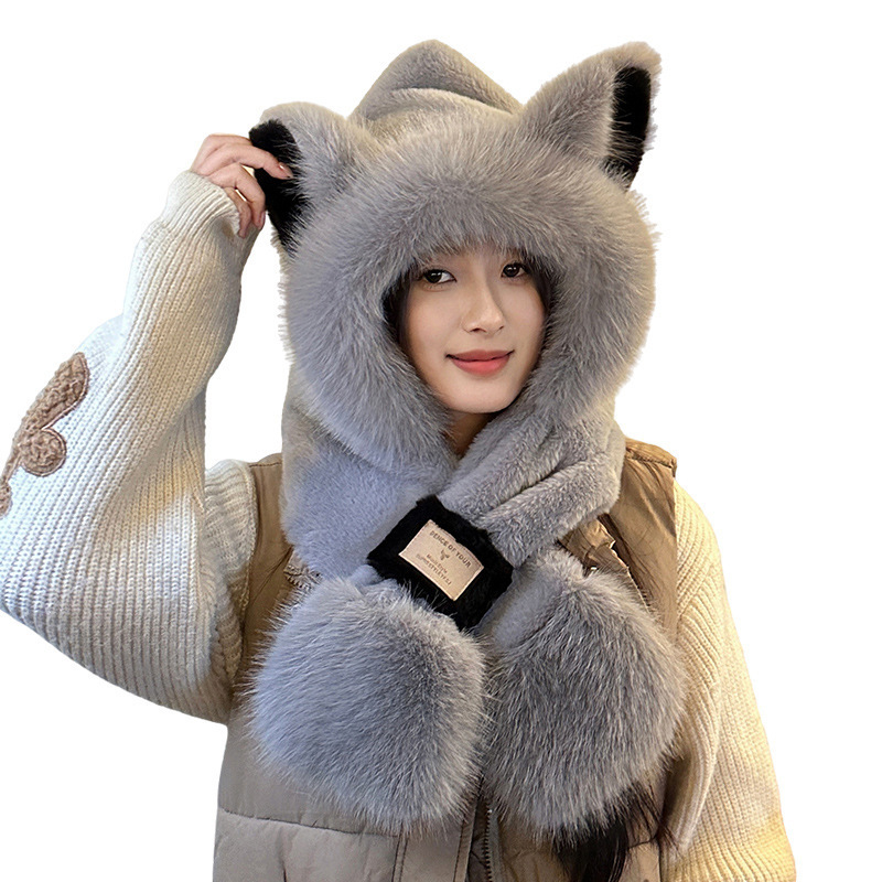 Korean plush and cute fox hat and scarf one-piece autumn and winter two-piece set with a hood, scarf and cycling head Item Picture