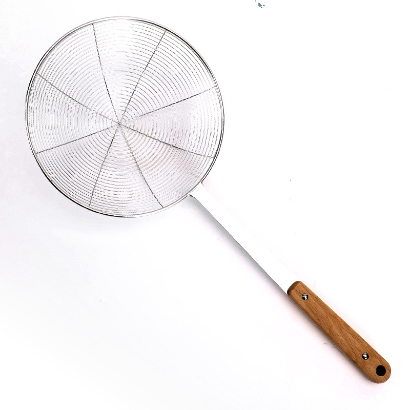 Stainless steel three-millimeter solid wood handle wire strainer reinforcement non-magnetic deep-frying strainer, household hot pot strainer, noodle scorer, draining net strainer Item Picture