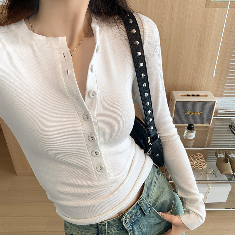 甜辣妹长袖T恤打底衫女秋季24024新款V领修身显瘦设计感百搭上衣