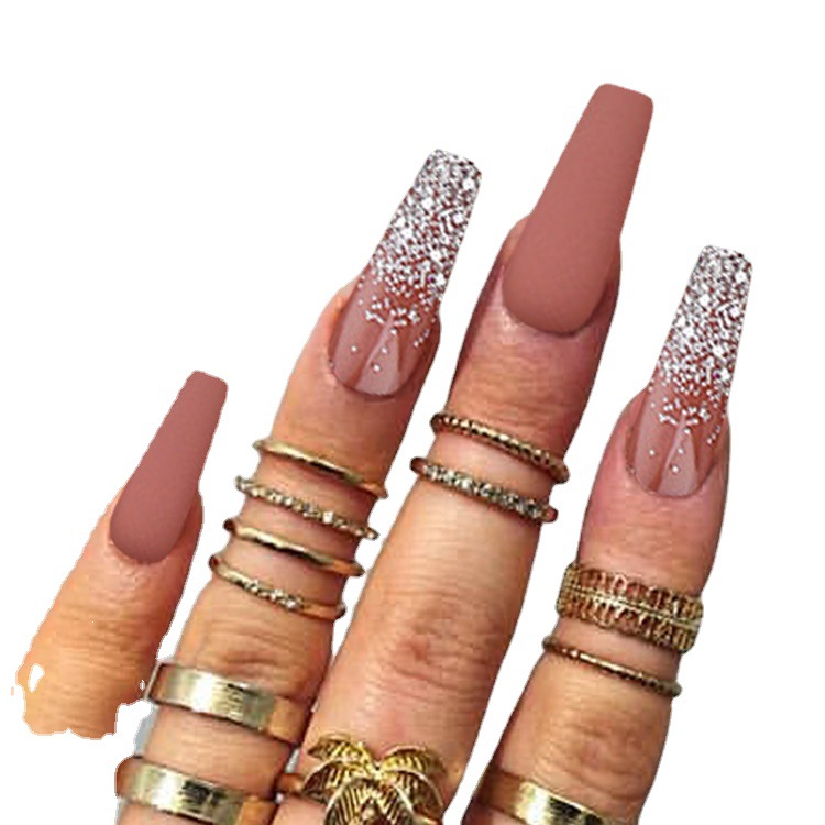 European and American style long ballet false nail patches, long French sequin nail art, matte frosted wearable nail finished products wholesale Item Picture