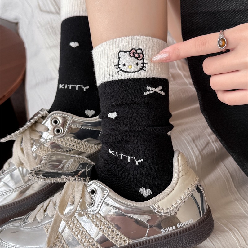 Wool and cashmere socks for women in autumn and winter, cute cartoon cat embroidered mid-calf socks, bow, warm and locking, pile socks Specification image