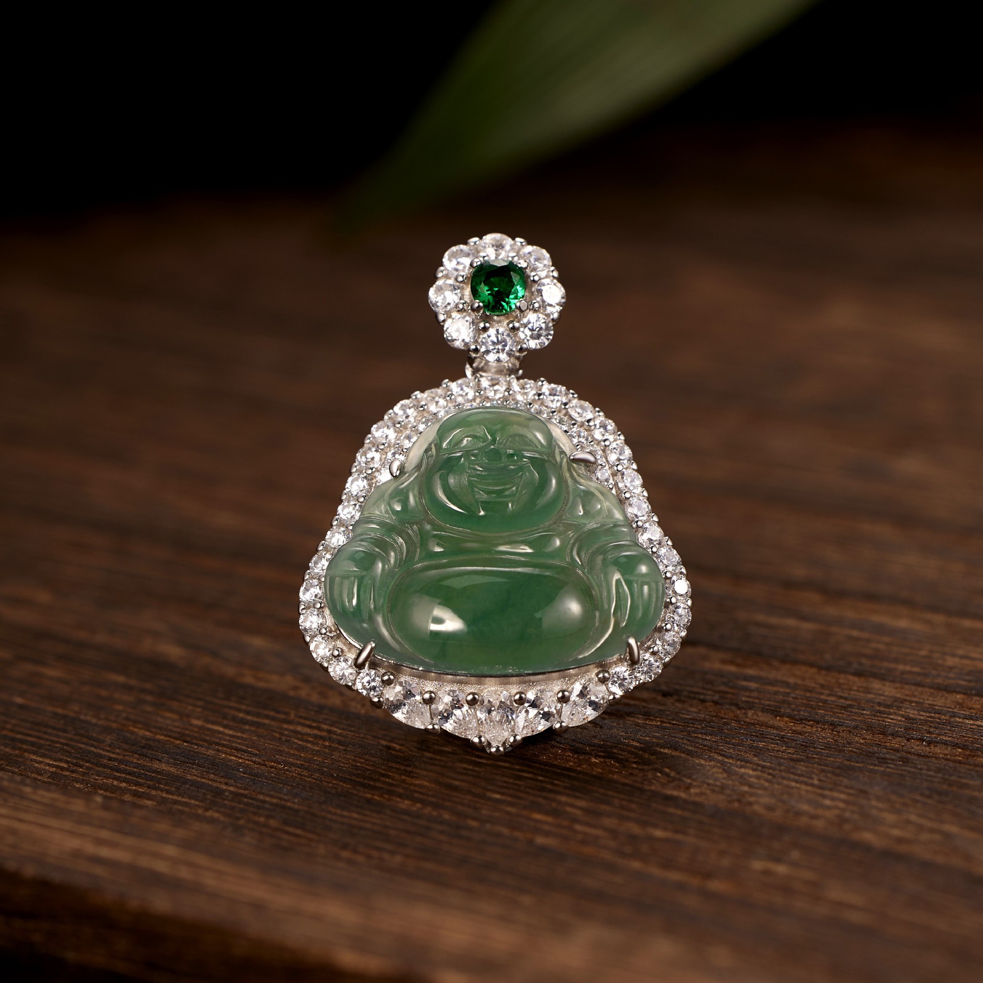 S925 sterling silver hazardous material natural jadeite big-bellied Buddha necklace, female zircon inlaid with high-quality jadeite Buddha pendant details Picture