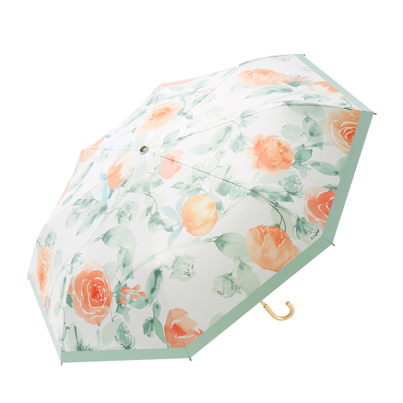 New curved handle plastic umbrella, all-weather, sun protection and UV-blocking folding umbrella, high-end lightweight sun umbrella for women Item Picture