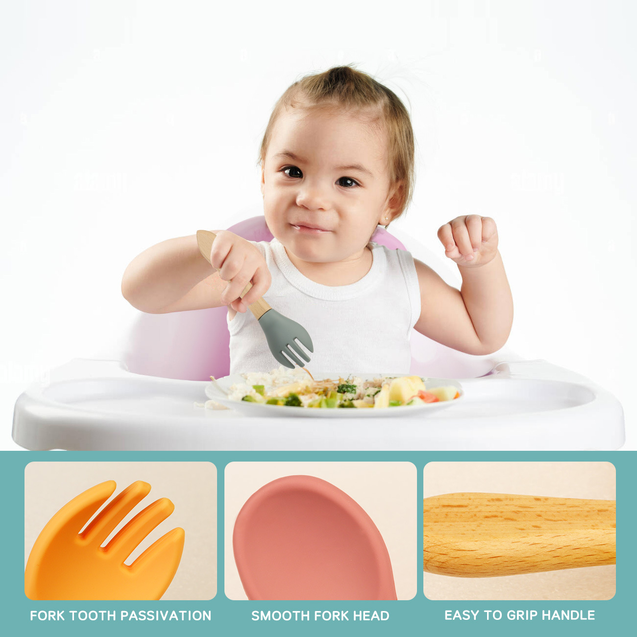 Baby wooden handle silicone spoon, newborn water feeding small spoon, children's tableware, soft spoon and fork set for complementary food, mother and baby products Specification drawing