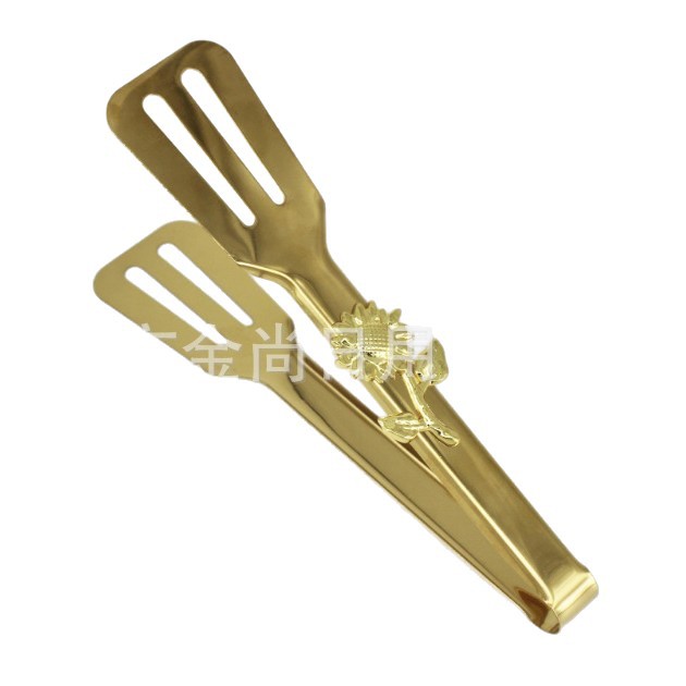 轻奢金色向日葵花多功能不锈钢食物夹子面包夹蔬菜沙拉牛排食品夹白底实物图