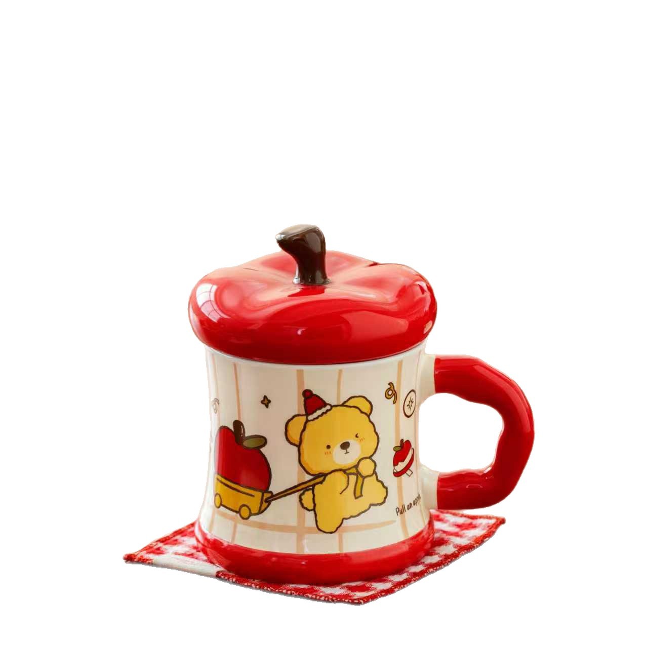 Creative covered ceramic cup, Apple Bear mug, Love Lover souvenir set, large capacity water cup with handle Item Picture