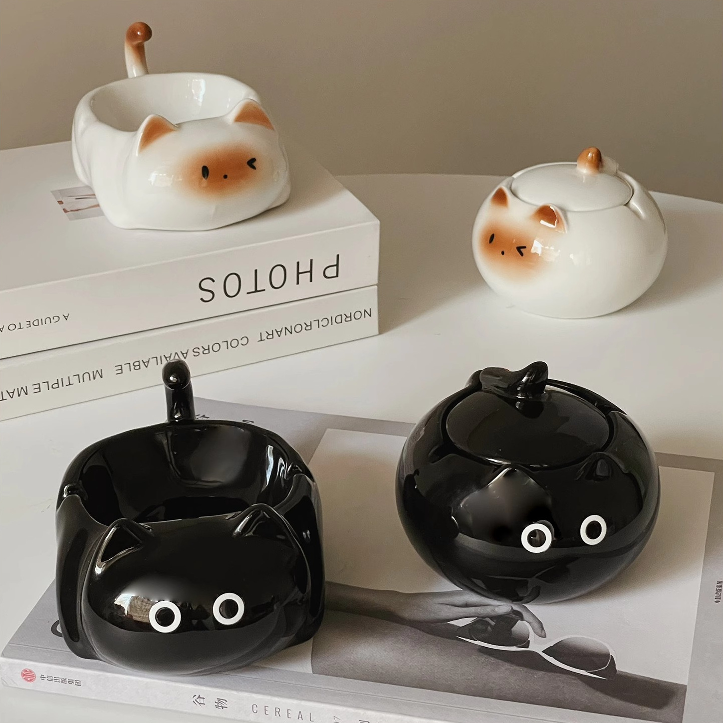 创意可爱暹罗猫陶瓷烟灰缸客厅办公室桌面防飞灰带盖烟缸装饰摆件