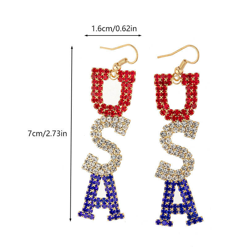 Amazon's best-selling English letter USA American flag color water diamond earrings for women, cross-border European and American full-diamond earrings for women, long style and elegant Application Scenario