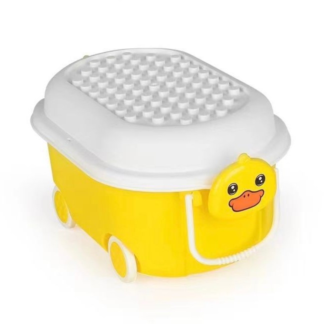 儿童网红黄鸭收纳桶玩具整理箱大颗粒积木男孩女孩拼装玩具白底实物图