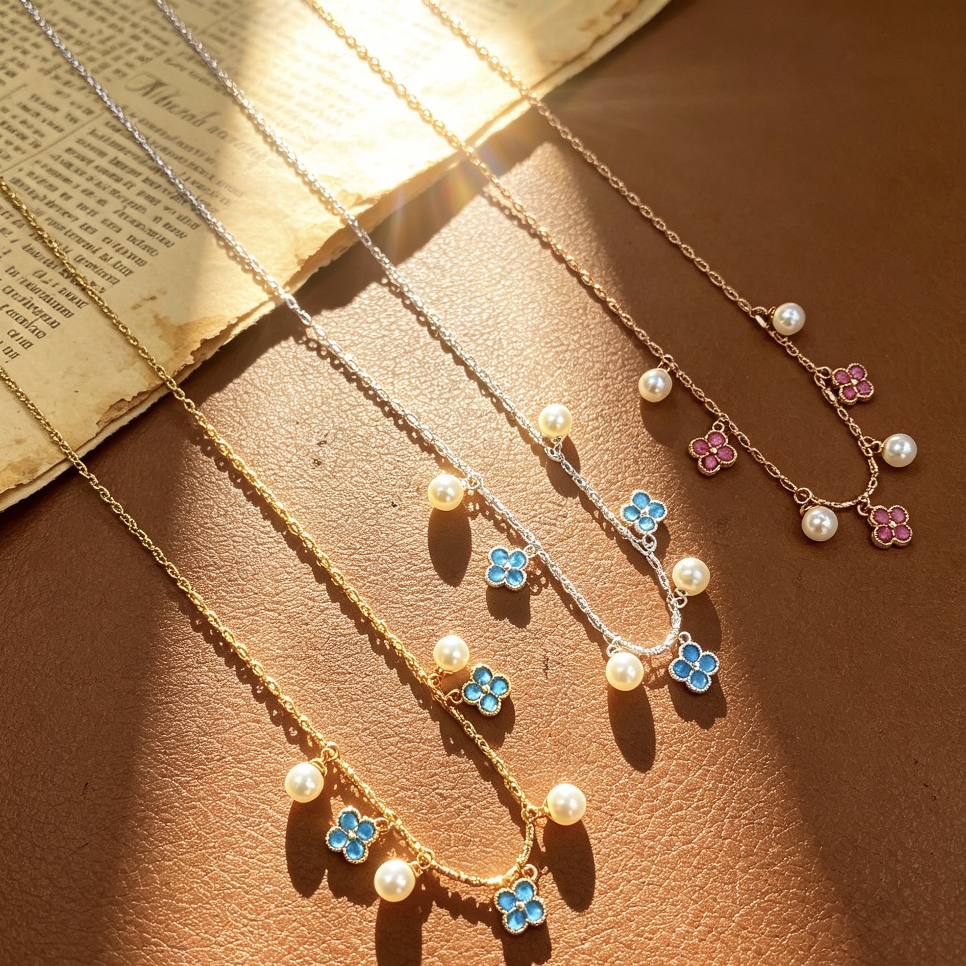 Colorful four-leaf clover pearl tassel necklace, multi-color zirconium-inlaid flower collarbone chain, light luxury and niche layered accessory wholesale details Picture