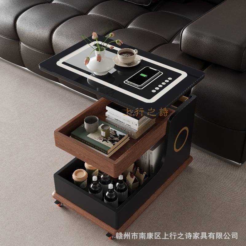 A three-piece set of mother and child coffee tables with RGB lighting effects, smart glass tabletop, living room coffee table, wireless charging, and laptop placement area details Picture