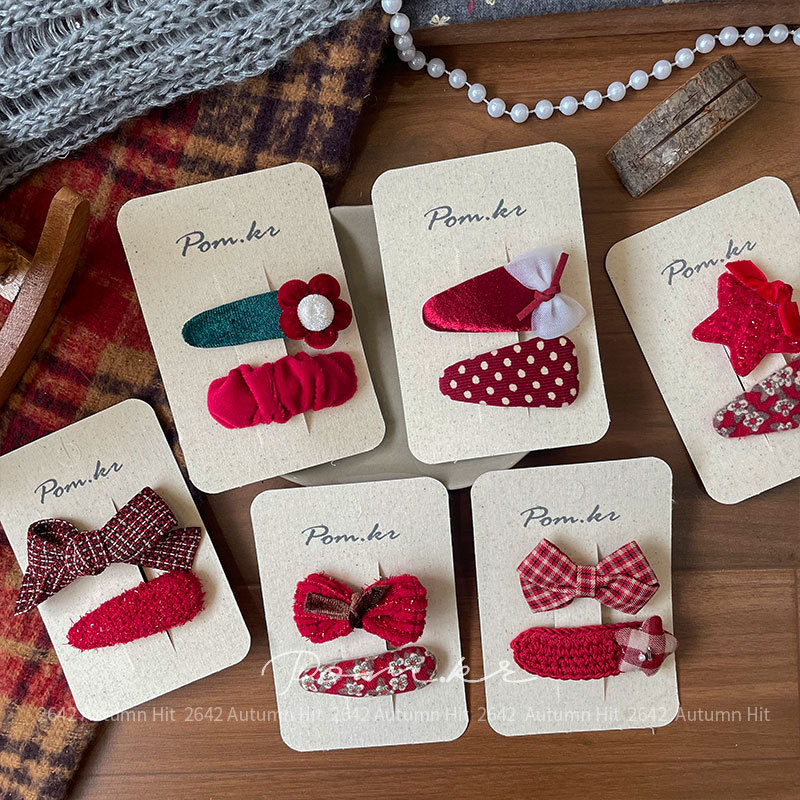 Nueva versión coreana otoño invierno dulce rojo atado arco clip de pelo niños hecho a mano paño lateral pelo roto clip flequillo mujer Pom.kr rojo atado clip de pelo conjunto estrella arco cuadros otoño invierno dulce chica delicado details Picture