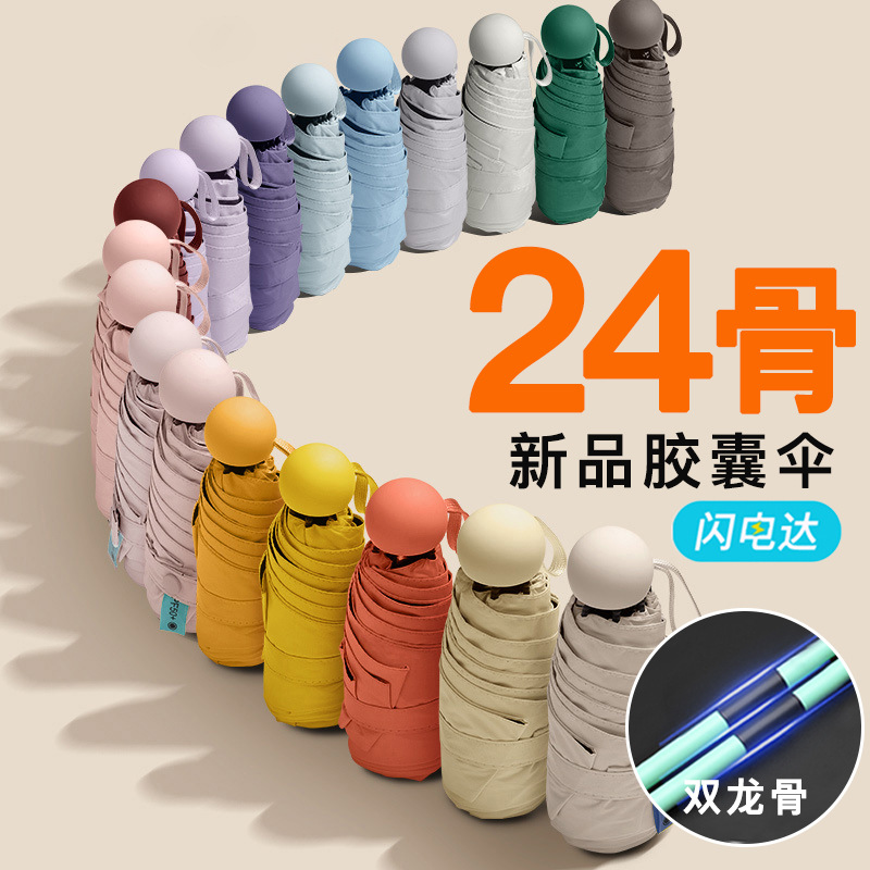 Sunshade umbrellas for women, suitable for both sunny and rainy weather, capsules, fresh black rubber, wholesale wind-resistant and sun-proof