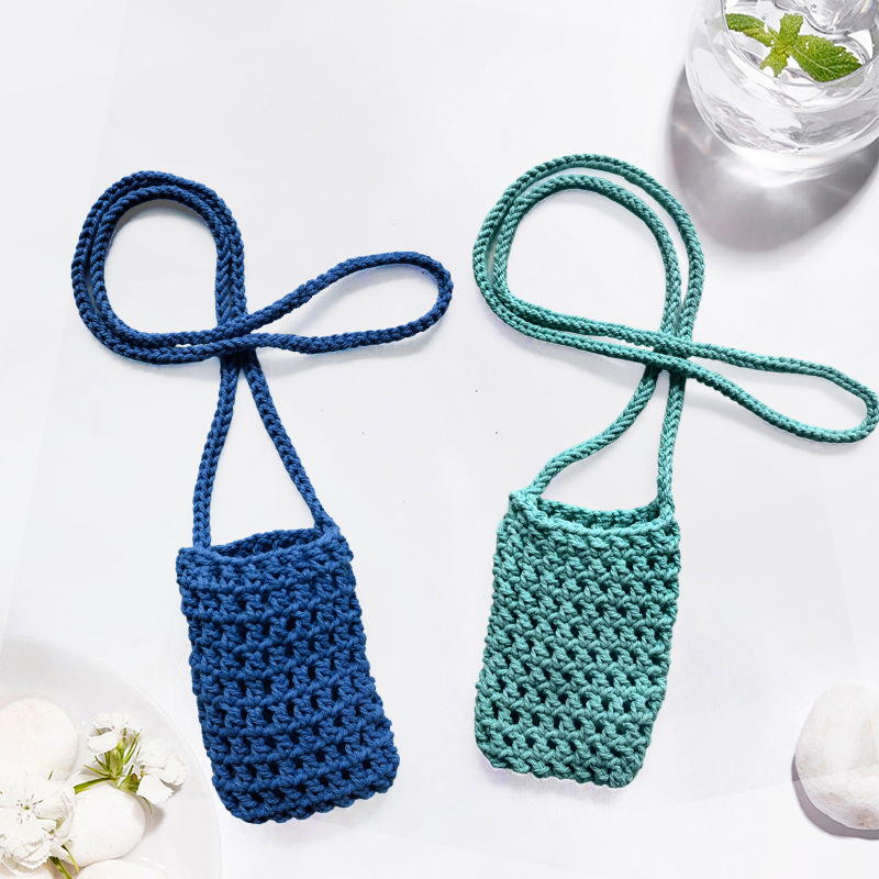 Knitted mobile phone bag, ins portable and popular hand-woven cotton rope crossbody bag, versatile in summer, single-shoulder mesh pocket Specification image