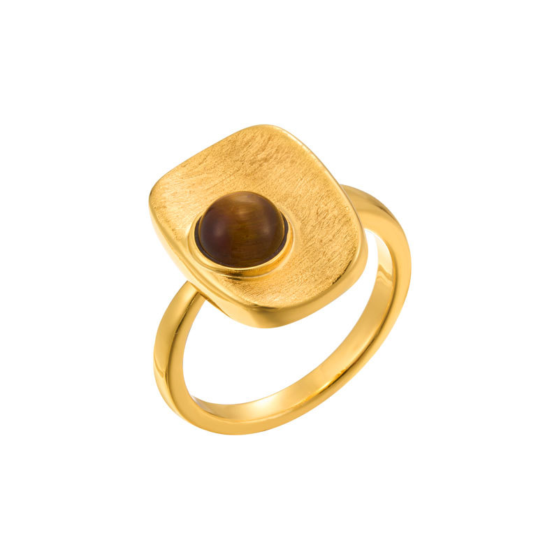 Light luxury retro geometric square brushed open ring, copper alloy real gold electroplated natural stone adjustable index finger ring Item Picture