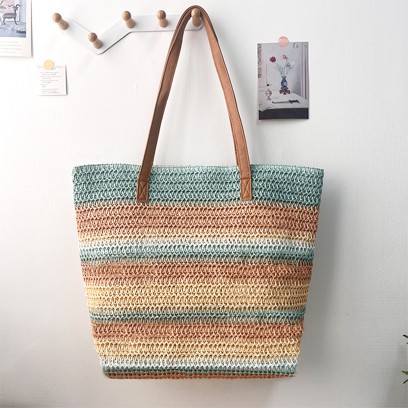 Cross-border straw weaving bag, colorful patchwork handbag, eco-friendly Lafite straw paper weaving bag, tote bag, large-capacity single-shoulder crossbody bag, fashionable and versatile vacation style tote single-shoulder bag, women's paper weaving straw weaving bag Specification image