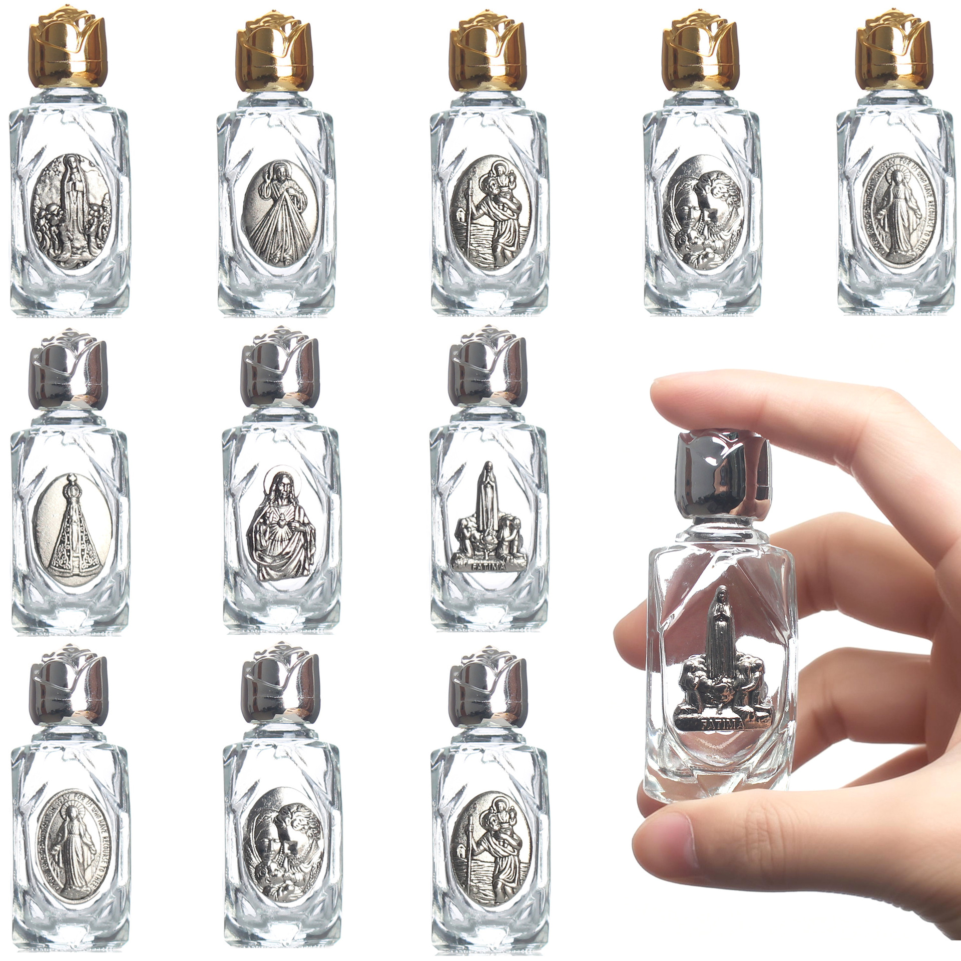 15ml diamond-shaped HolyWaterBottle, Fatima Virgin Mary Rose Lid Baptism Glass Bottle Item Picture