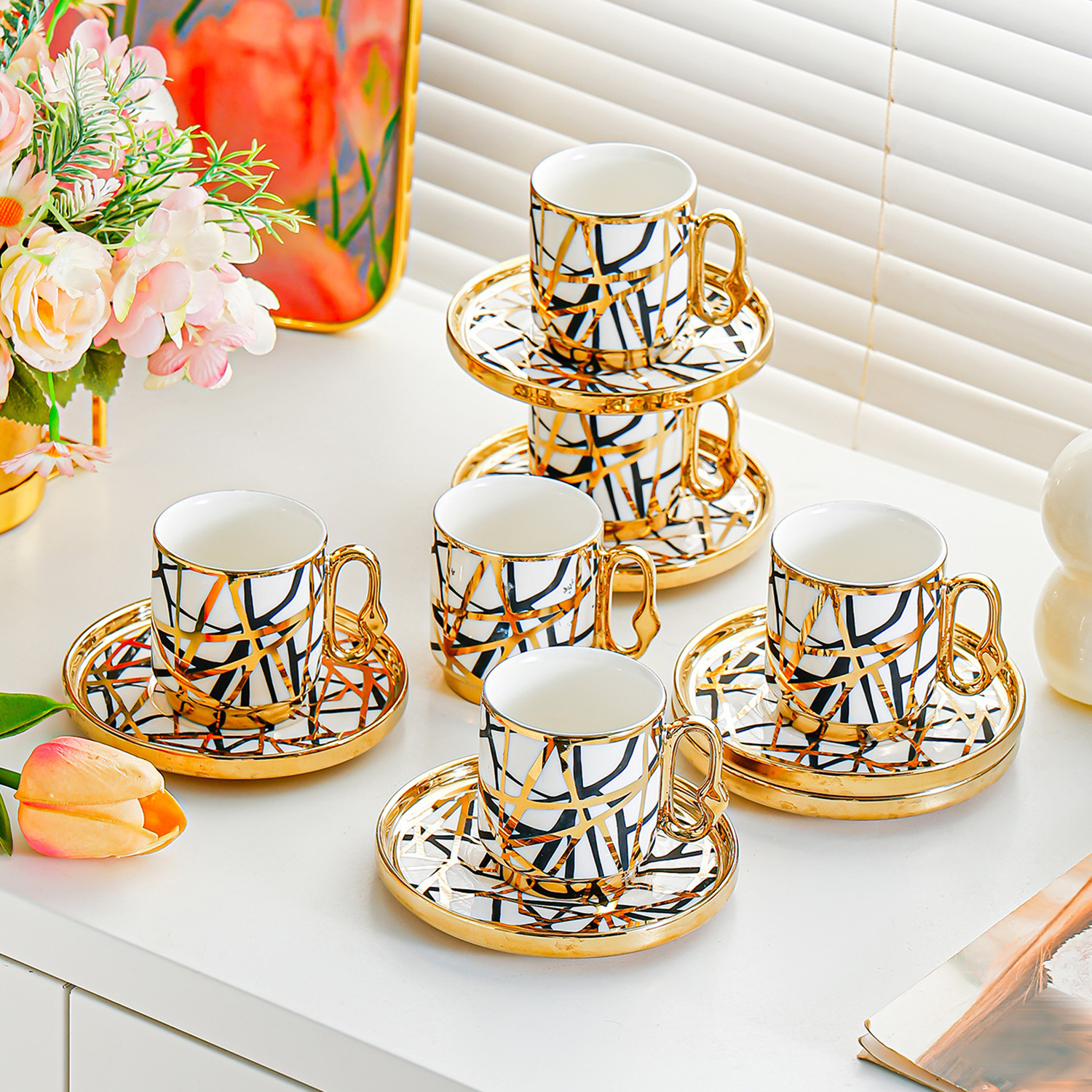 Gold-edge ceramic coffee cup, plate and stand set, thickened heat-resistant ceramic cup, commercial wear-resistant coffee shop and restaurant supplies pic 3