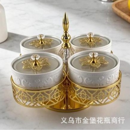 Light luxury 5-compartment rotating ceramic dried fruit box with lid, carved gold edge, nut storage box in multiple colors, suitable for home and living room use Application Scenario