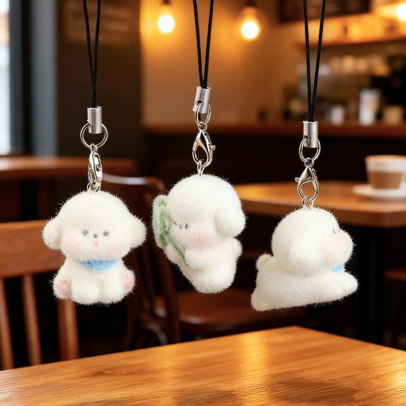 Cute three-dimensional flocking resin dog pendant, mini doll, mobile phone pendant, DIY keychain accessory Specification image