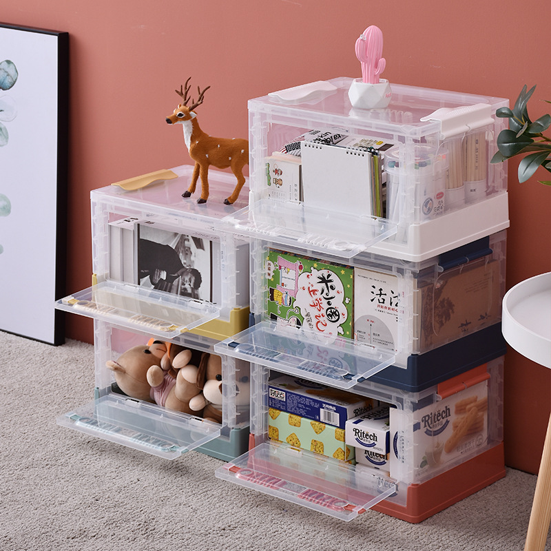 Folding plastic storage box, storage box, children's toy and snack box, household double-door with wheels, transparent box for sundries Specification image