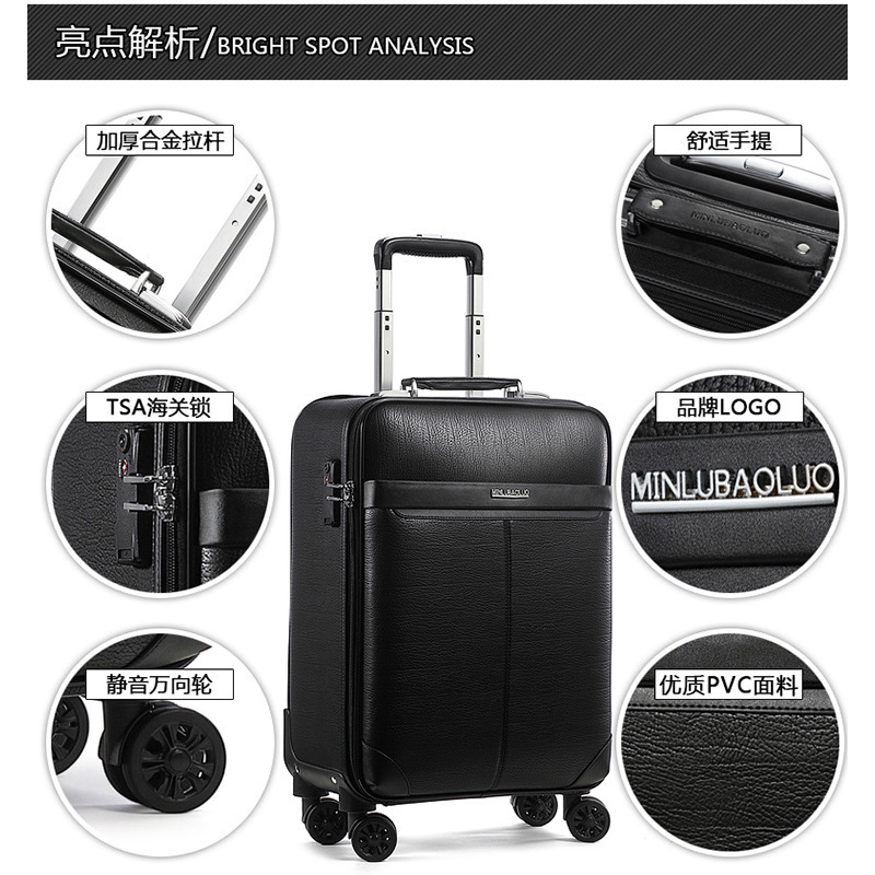 The suitcase is sturdy and durable. It features an 18-inch universal wheel suitcase with a handle, a large business luggage for men, and a TSA lock details Picture