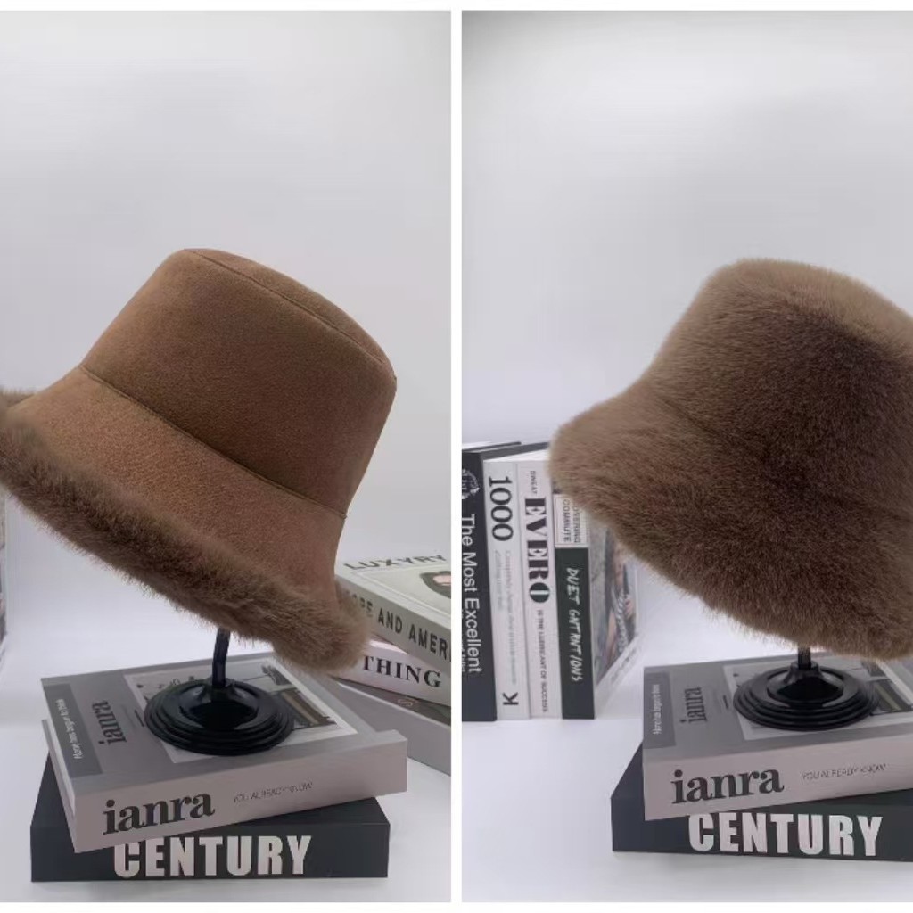 Suede velvet double-sided fringed retro fisherman's hat for women, new winter versatile, casual and warm basin hat, cold-proof and ear-protecting water Specification image