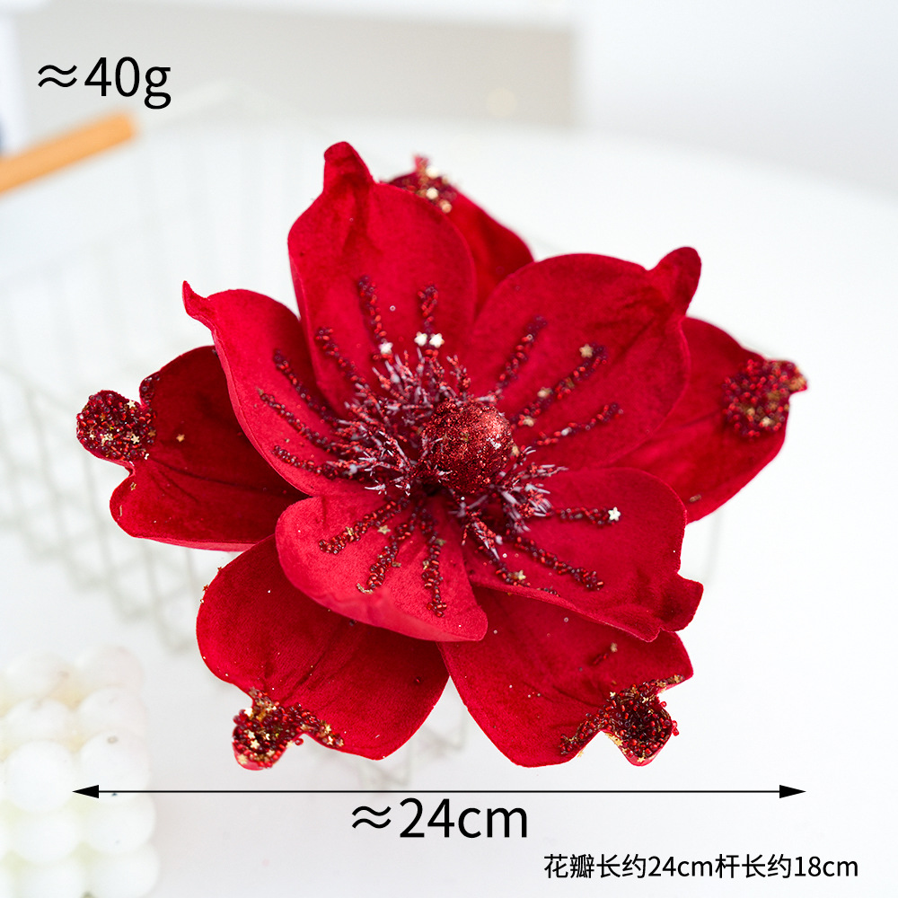 跨境圣诞节高档红色绒布圣诞花绿色冰晶仿真花diy配件圣诞树白底实物图