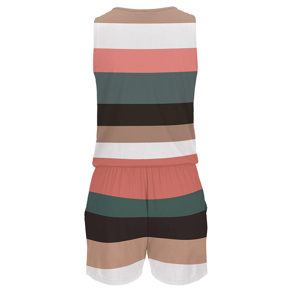 2023 New Amazon Independent Store cross-border women's V-neck zipper striped sleeveless one-piece drawstring shorts from Europe and America Specification drawing