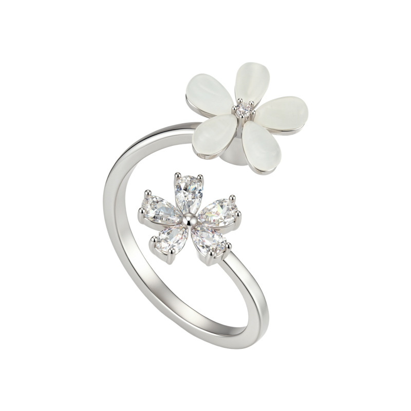 Explosivo estilo ligero extravagancia giratoria doble flor anillo abierto aleación de cobre con circonio opal ajustable anillo de dedo índice Item Picture