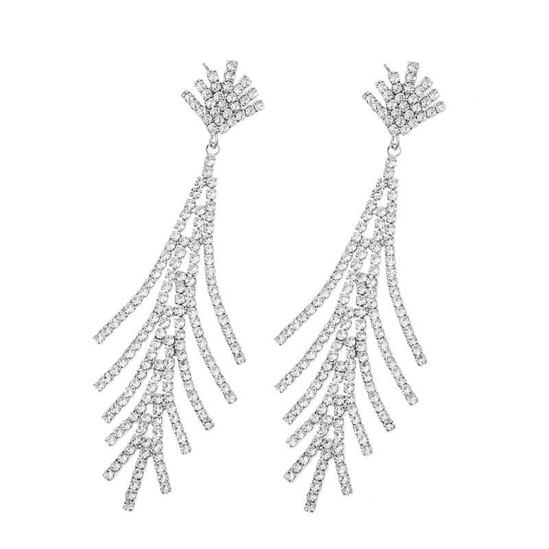 Factory supply Fashionable full-diamond fishbone-shaped earrings, elegant and light luxury, forked pendant rhinestone earrings, long earrings, cross-border accessories wholesale Specification drawing