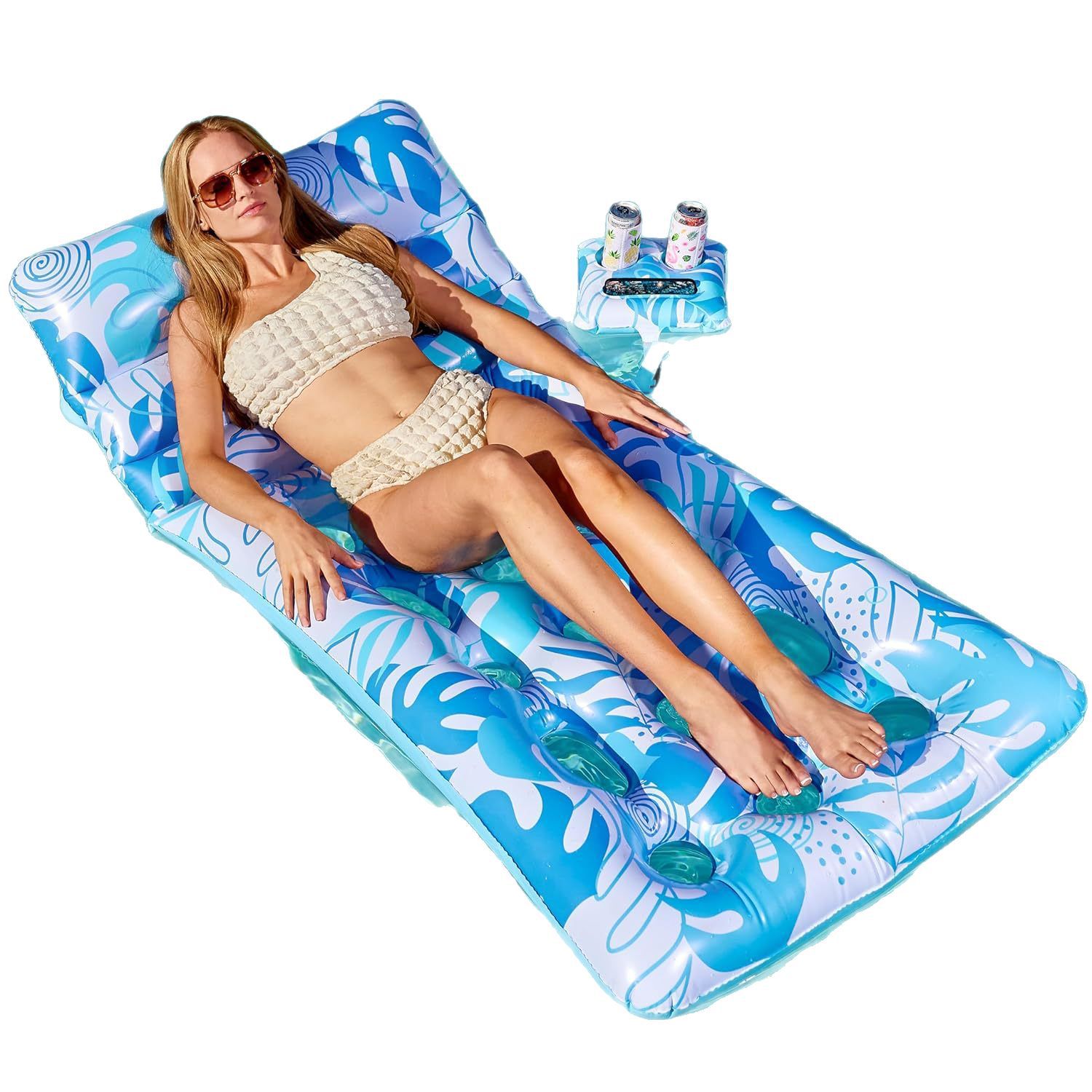 Customized cross-border swimming pool float, tropical leaf swimming pool lounge chair, adult with cup holder, inflatable tanning raft chair, float Item Picture