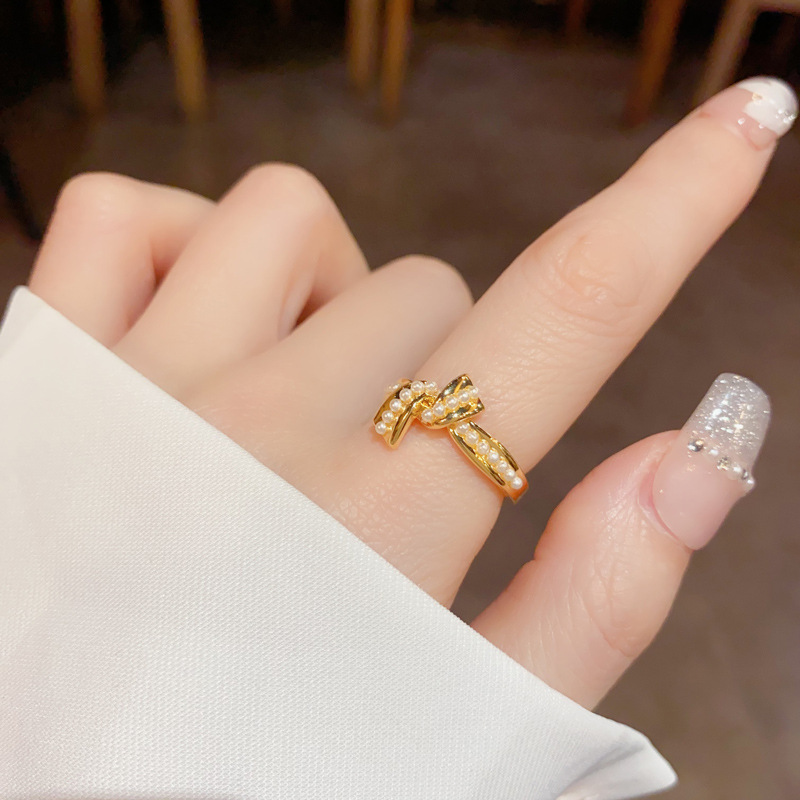 French retro design pearl knotted open ring, women's unique, fashionable, simple and elegant index finger ring accessory wholesale Specification image