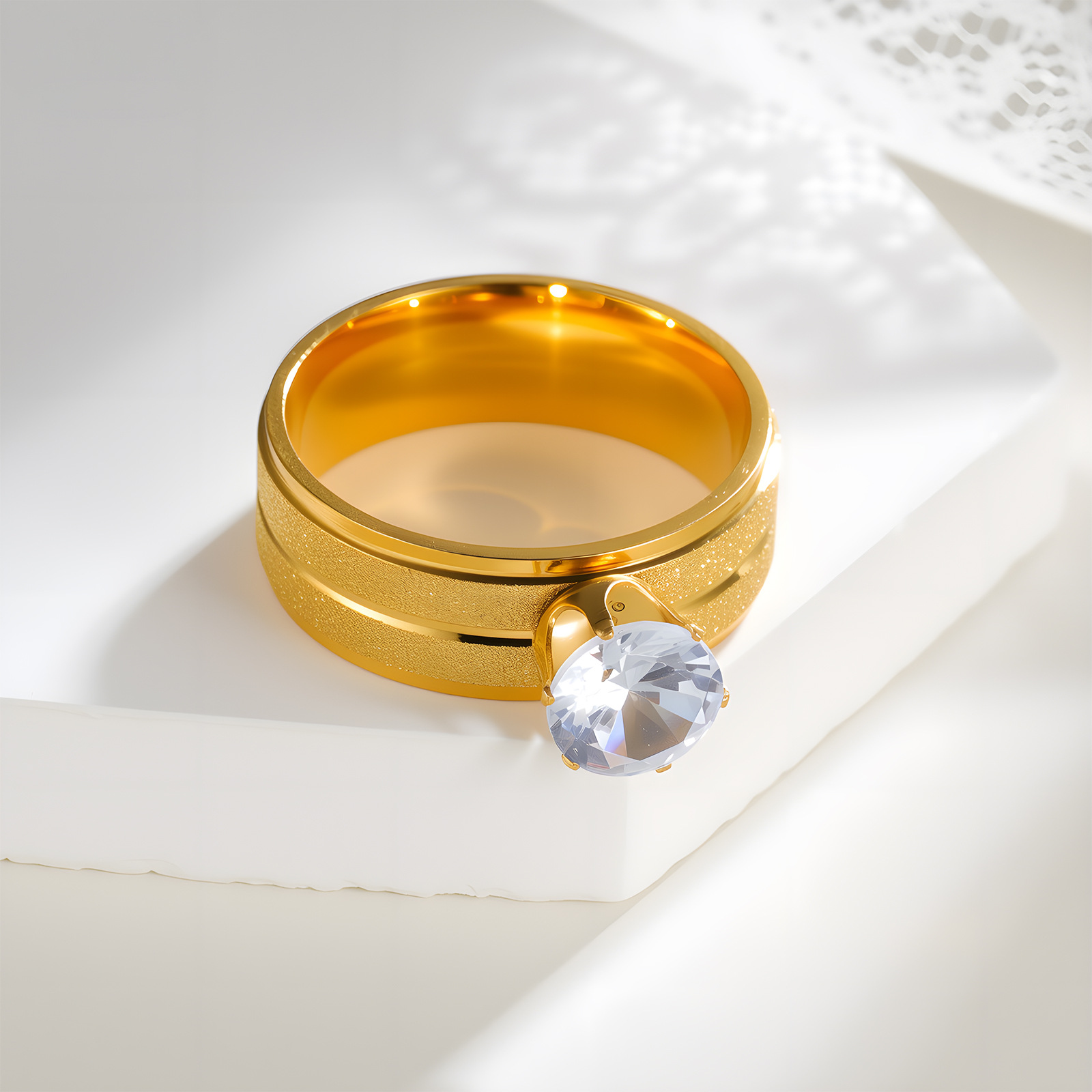 Cross-border European and American stainless steel jewelry, six-prong zircon women's ring, stainless steel electroplated with gold matte finish, 8MM wide Specification image