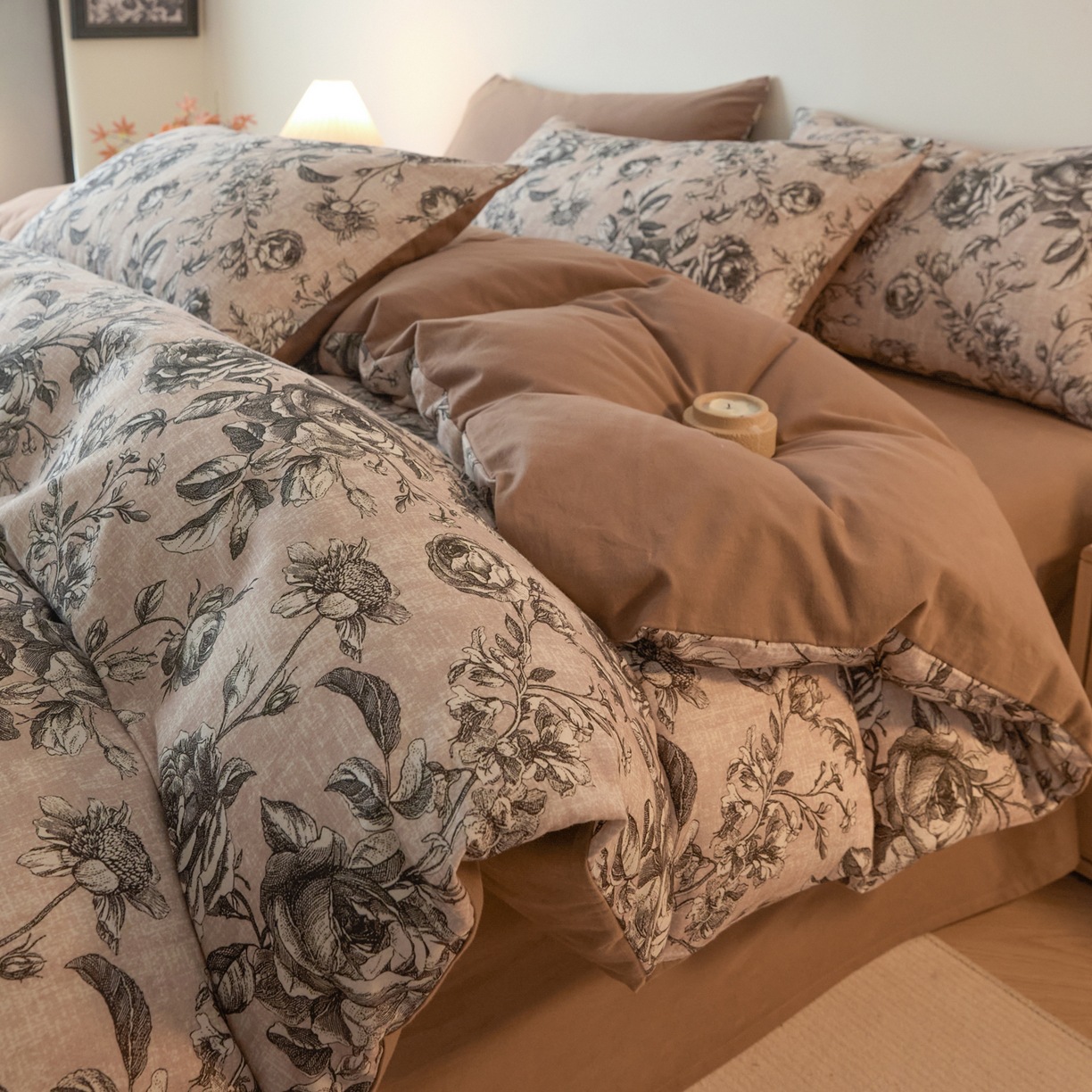 珊瑚花卉图案床品套件四件套酒店四季单人床上用品卡通风格