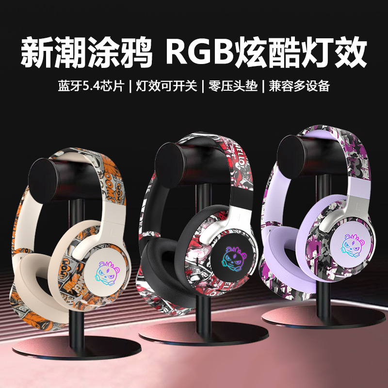 2026 New National Trend graffiti over-ear Bluetooth headphones, large capacity, ultra-long battery life, wireless sports factory, cross-border Specification image