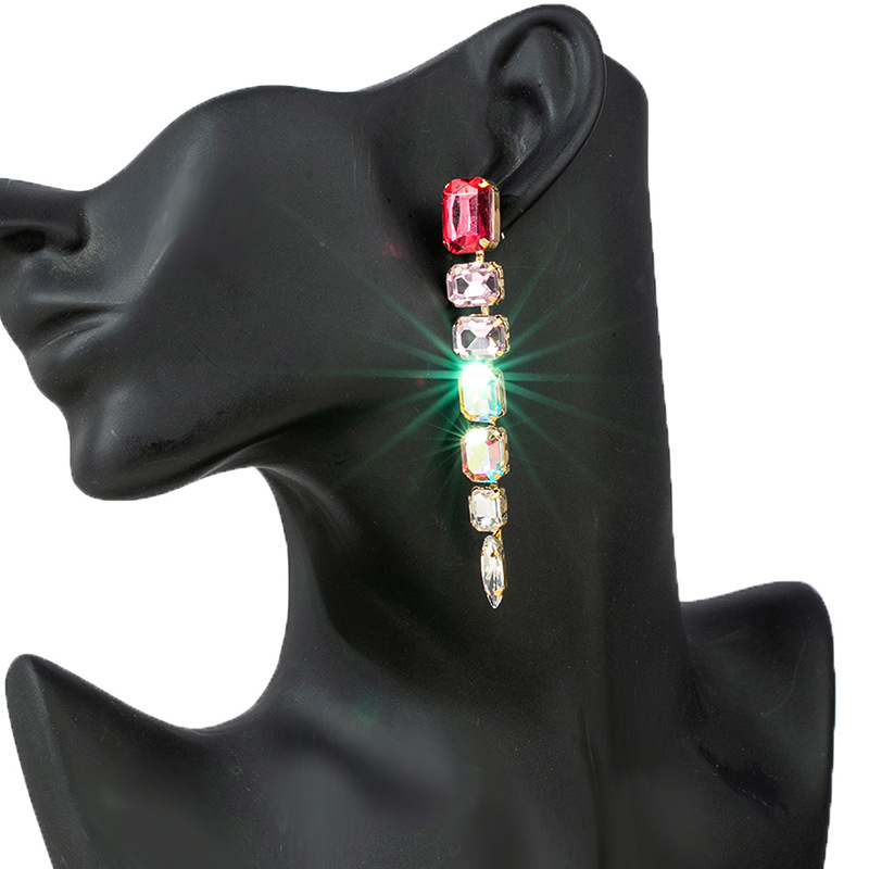 Cross-border European and American style exaggerated and trendy color diamond traceable earrings simple and exquisite high-end banquet dress accessories rhinestone earrings, long women's style elegant thumbnail
