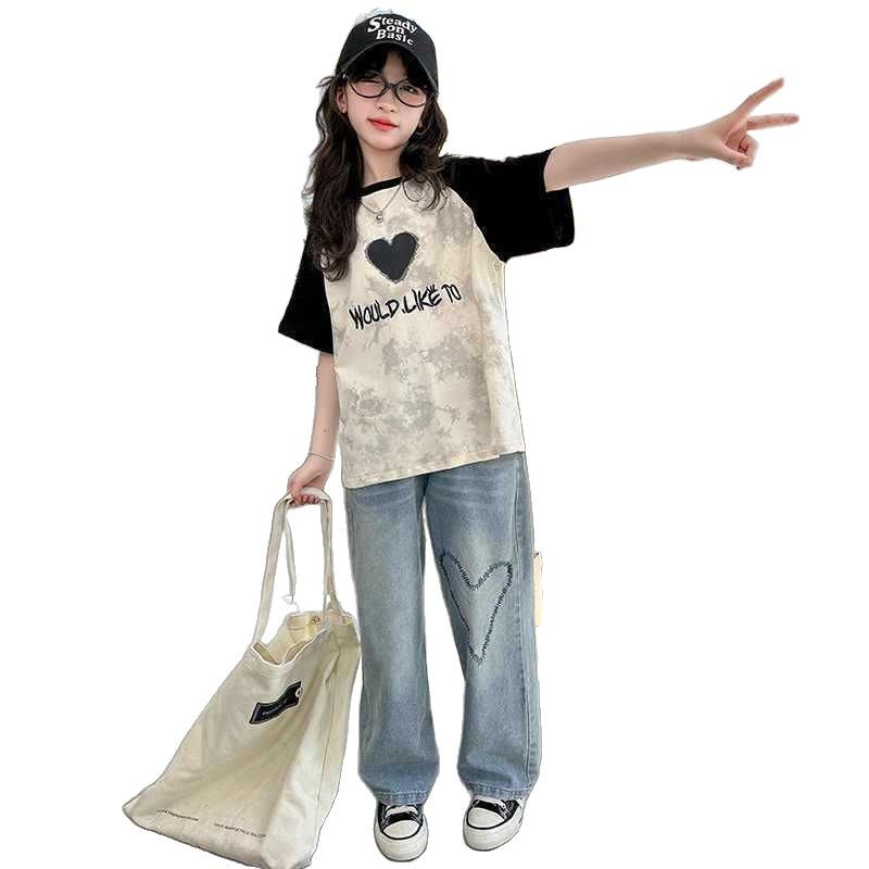 Girls' short-sleeved T-shirt, cotton summer dress, student print tie-dye, stylish girls, middle and senior children's half-sleeved top, summer trend Item Picture