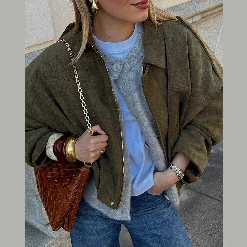 European and American cross-border women's clothing 2025 early spring new fashion fleece texture effect pilot jacket jacket top Application Scenario