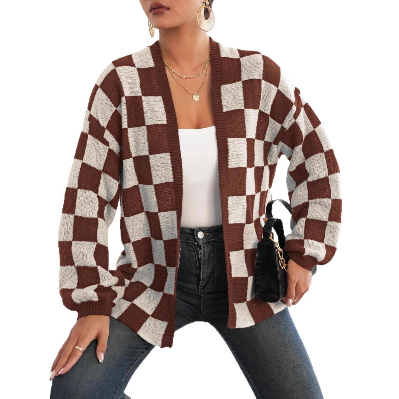 European and American women's cardigans for export, European and American women's sweaters, cross-border woolen thick checkered casual sweater jackets Item Picture