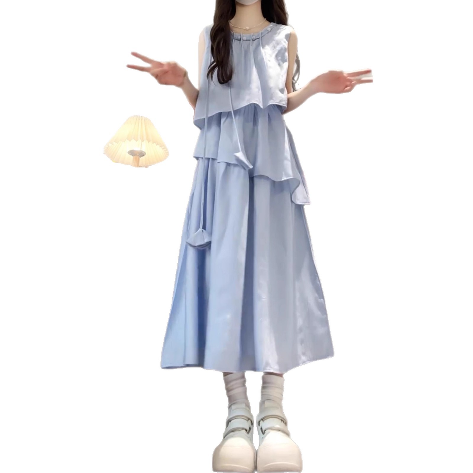 A stunning, petite blue dress for children's summer 2025 new style, a stylish sleeveless long dress look Item Picture