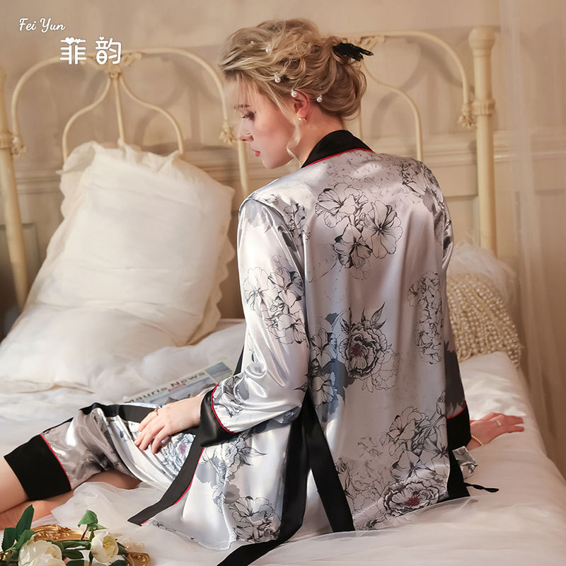 Feiyun's new home satin pajamas, women's long-sleeved home wear, small halter nightdress 3-piece set, Ice Silk Lady 527 Specification image