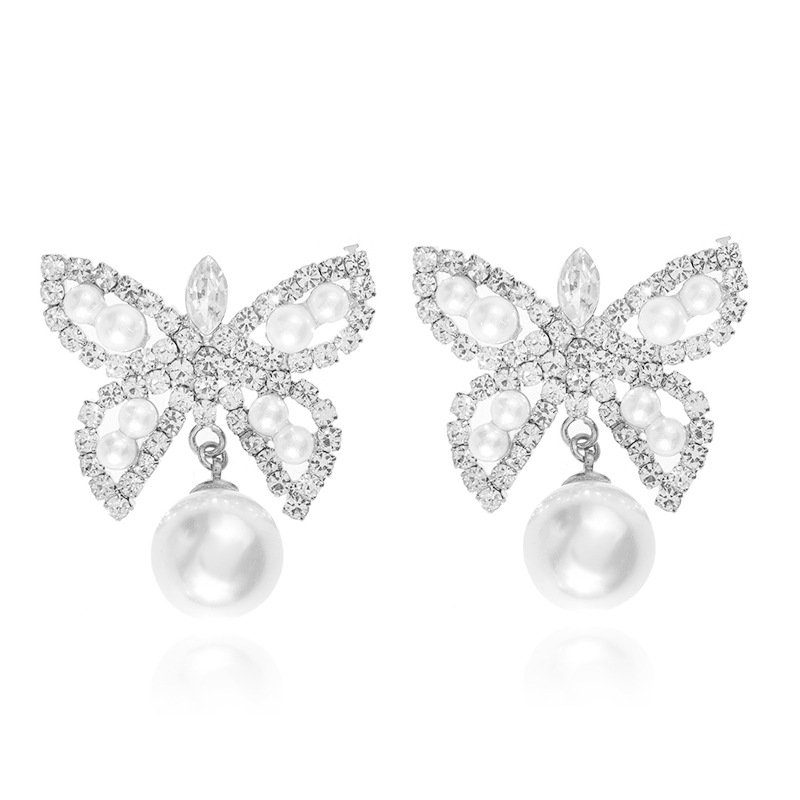 Cross-border Korean version full diamond bride wedding pearl butterfly earrings, women's design sense exquisite rhinestone claw chain earrings wholesale Specification drawing