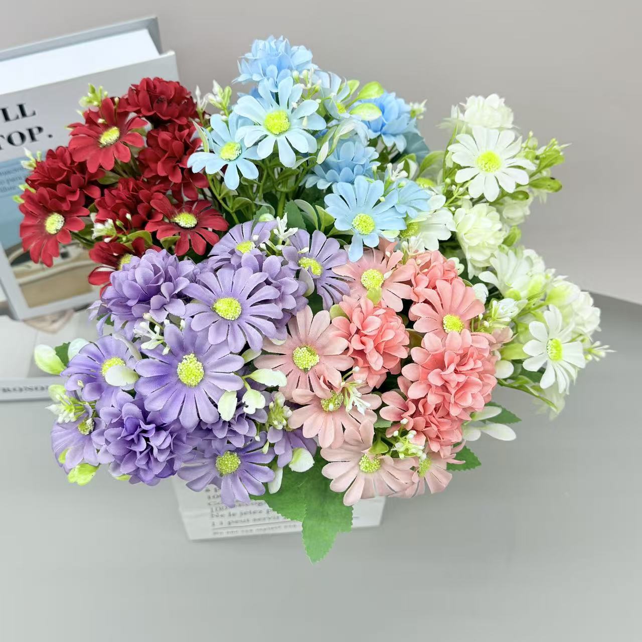 跨境仿真花5头波斯菊洋甘菊假花餐桌摆设家居装饰把束小雏菊批发