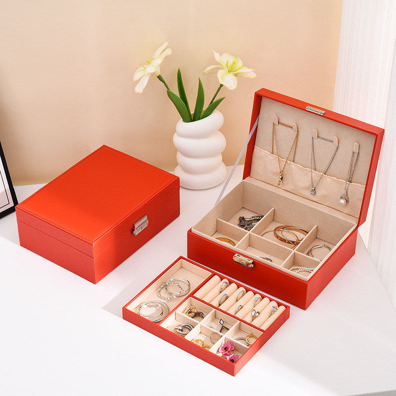 Double-layer leather jewelry box, large-capacity storage for earrings, jewelry rings, necklaces, bracelets, locks, anti-oxidation style Specification image